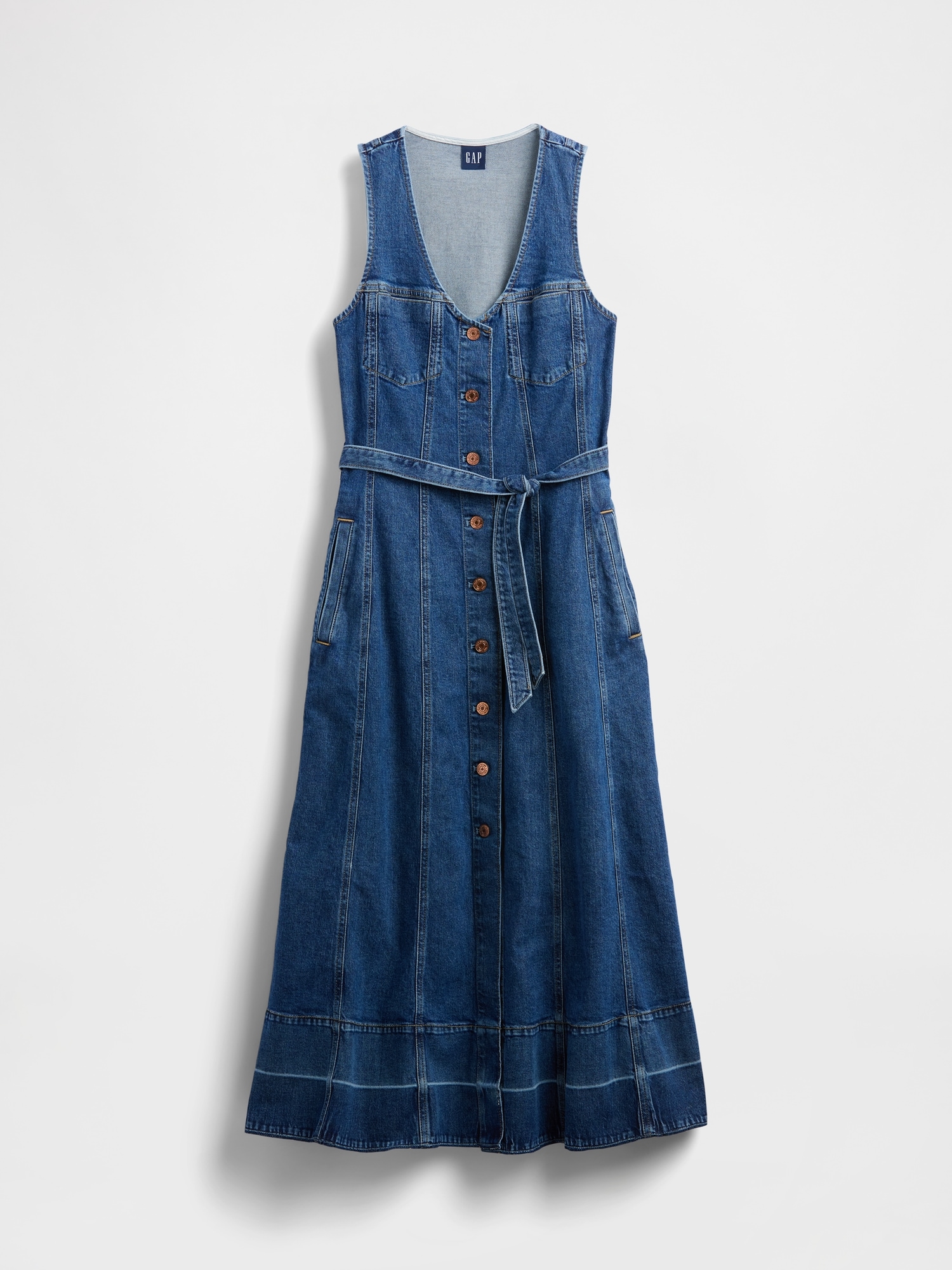 Denim Belted Button-Front Maxi Dress
