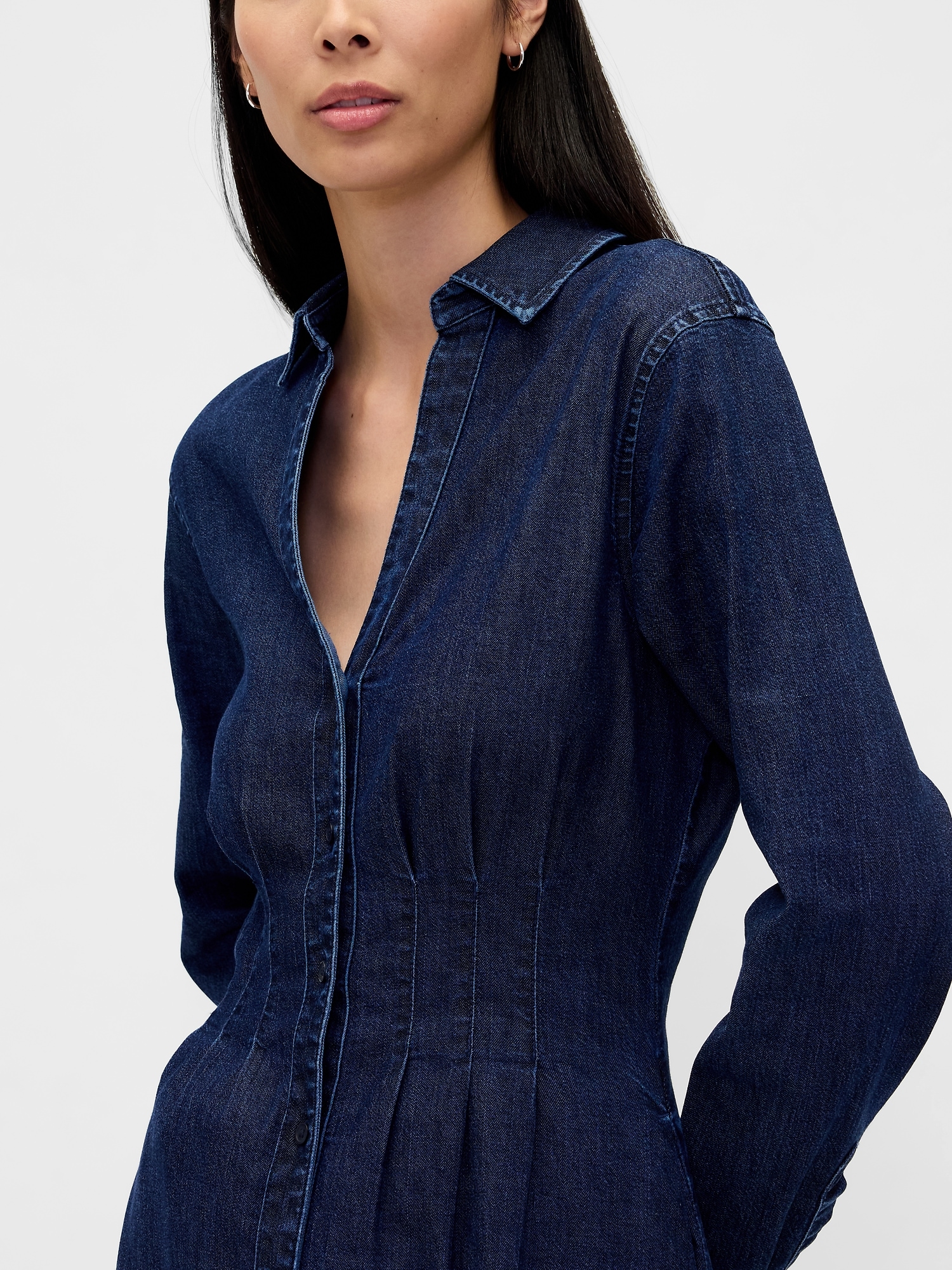 Denim Pintuck Button-Front Maxi Dress