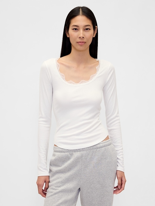 Image number 1 showing, Mini Rib Lace-Trim PJ Top