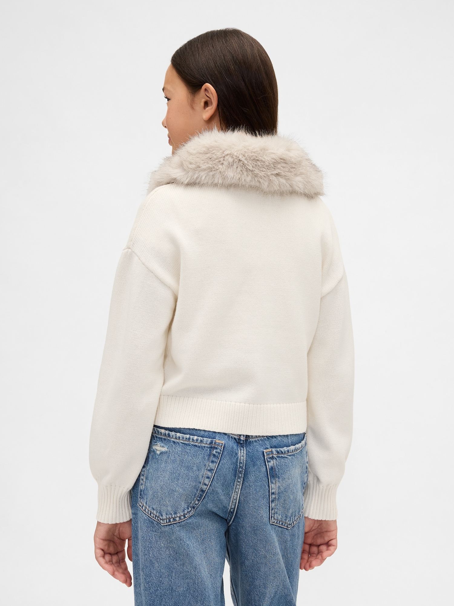 Kids Faux Fur-Collar Cardigan Sweater