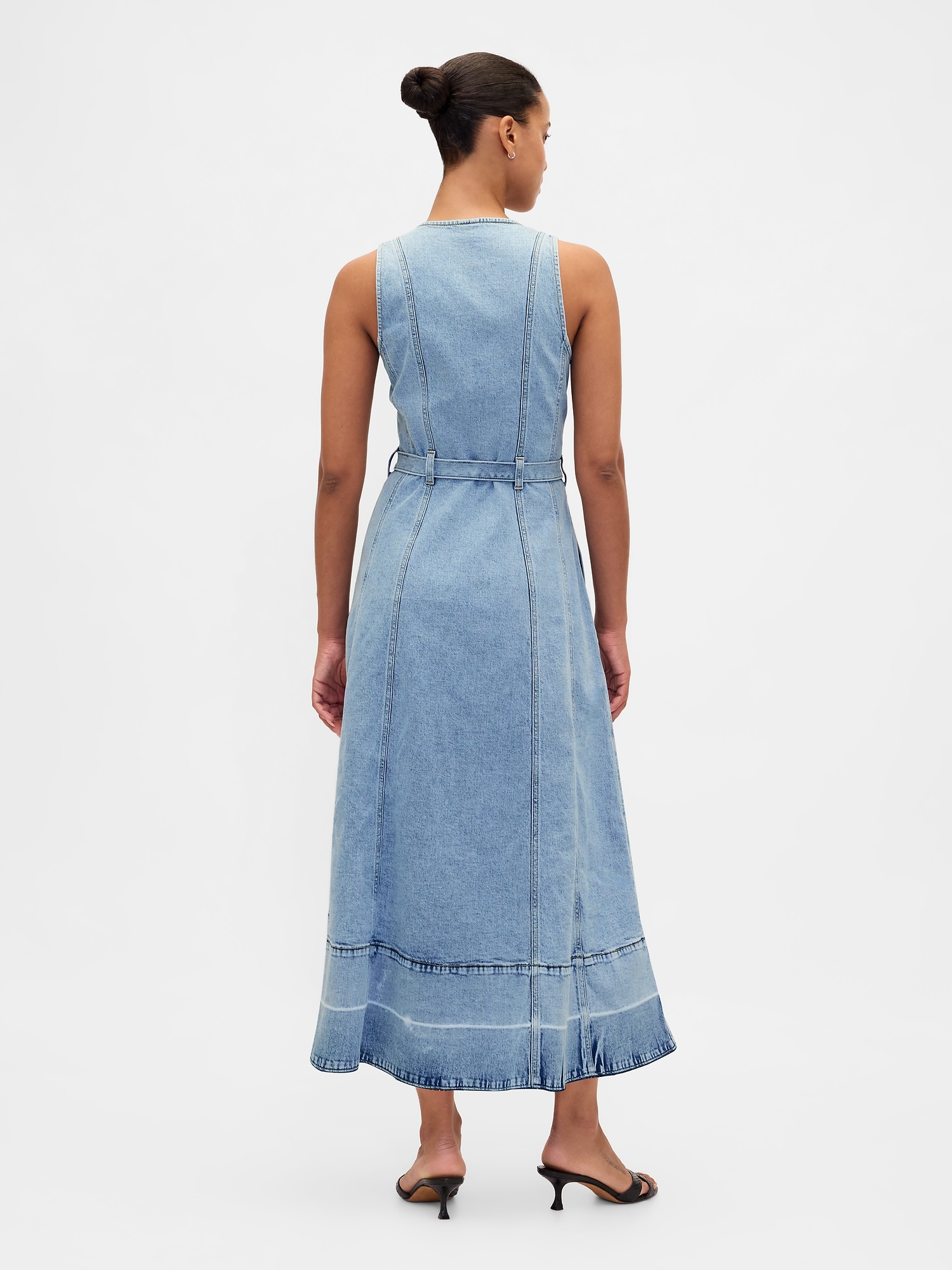 Denim Belted Button-Front Maxi Dress