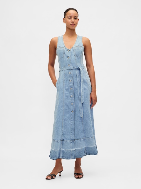 Denim Tie-Belt Button-Front Maxi Dress
