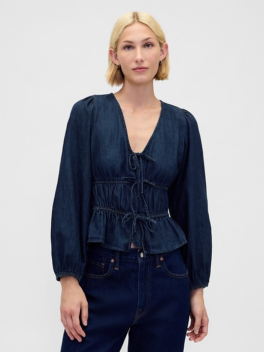 Image number 1 showing, Denim Tie-Front Crop Shirt