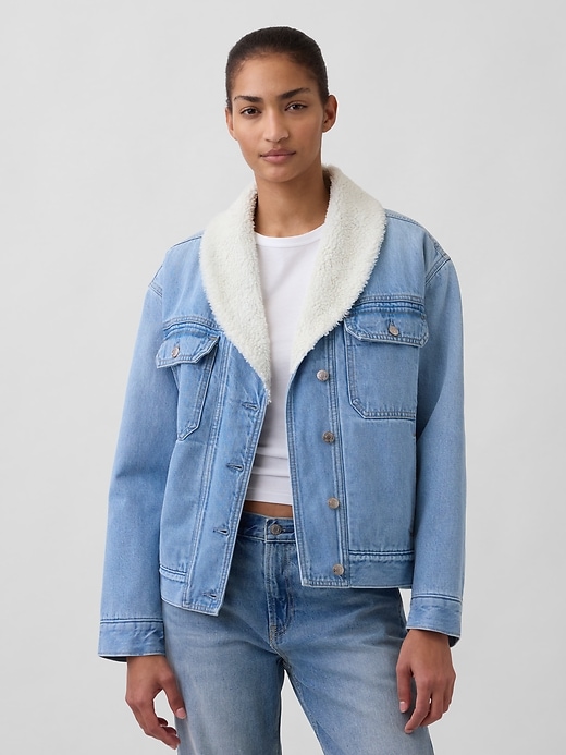Image number 1 showing, Sherpa-Lined Shawl Denim Jacket