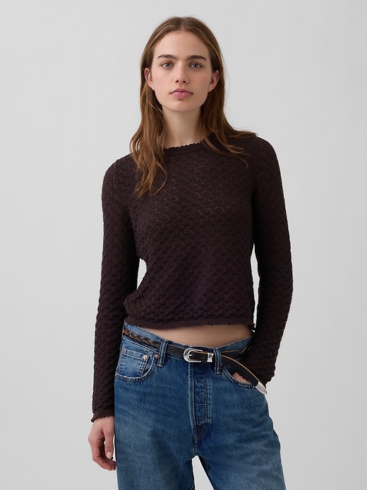 Image number 1 showing, 100% Cotton Pointelle Crop Sweater