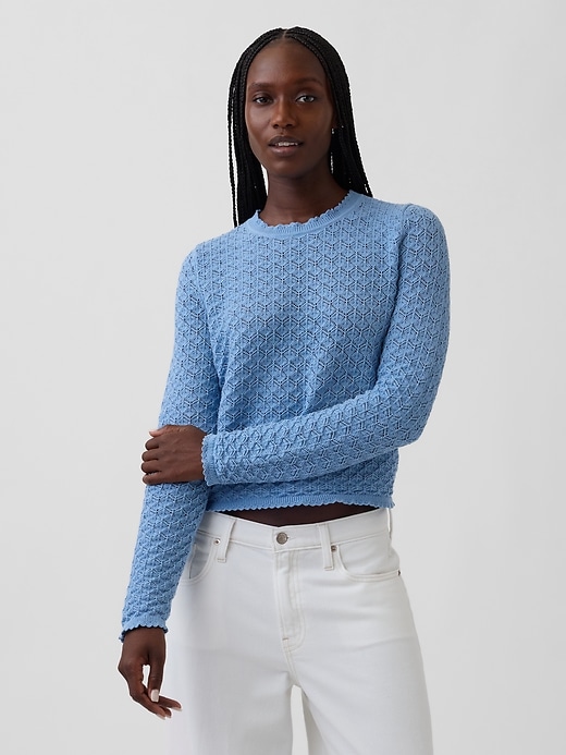 Image number 1 showing, 100% Cotton Pointelle Crop Sweater