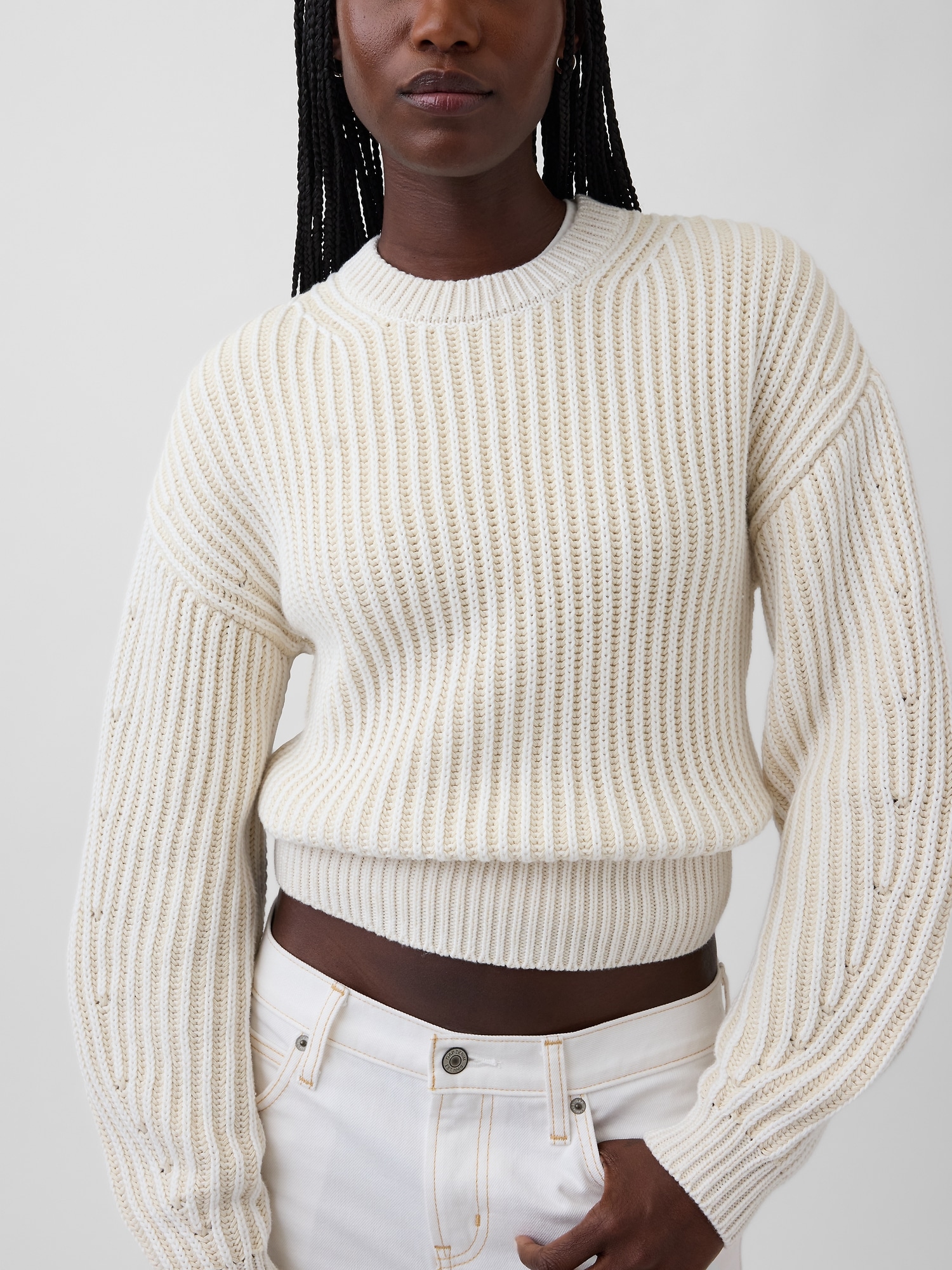 100% Cotton Barrel-Sleeve Crop Sweater