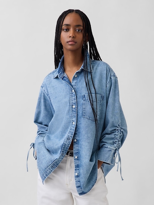 Image number 1 showing, UltraSoft Denim Oversized Ruched-Sleeve Shirt