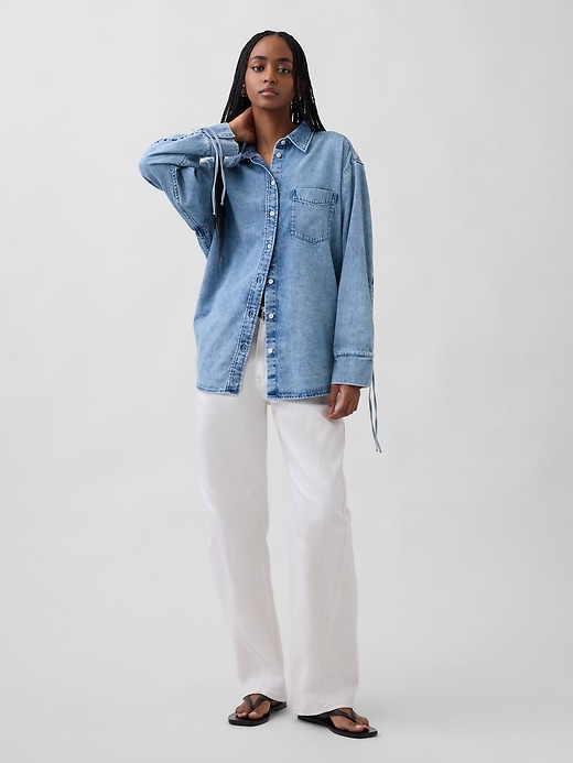Image number 2 showing, UltraSoft Denim Oversized Ruched-Sleeve Shirt