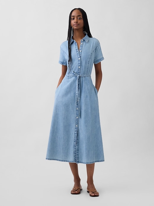 Image number 1 showing, Denim Tie-Waist Midi Shirtdress