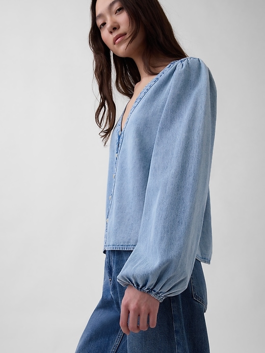 Image number 4 showing, Denim Puff-Sleeve Top
