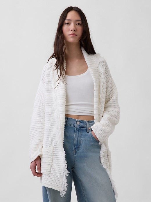 Image number 1 showing, 100% Cotton Oversized Fringe Shawl Cardigan