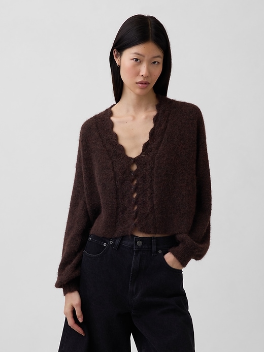Image number 1 showing, Fuzzy Pointelle Scalloped Crop Cardigan