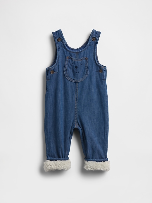 Image number 1 showing, Baby Cozy-Lined Denim Bear Pocket Overalls