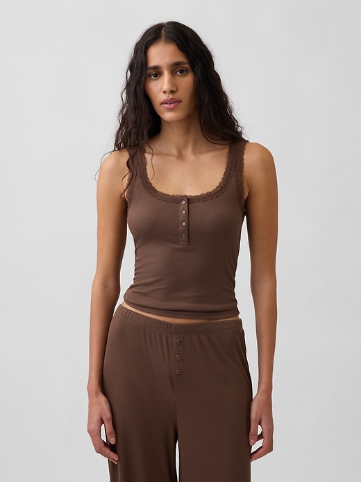 Image number 1 showing, Mini Rib Lace Henley PJ Tank Top
