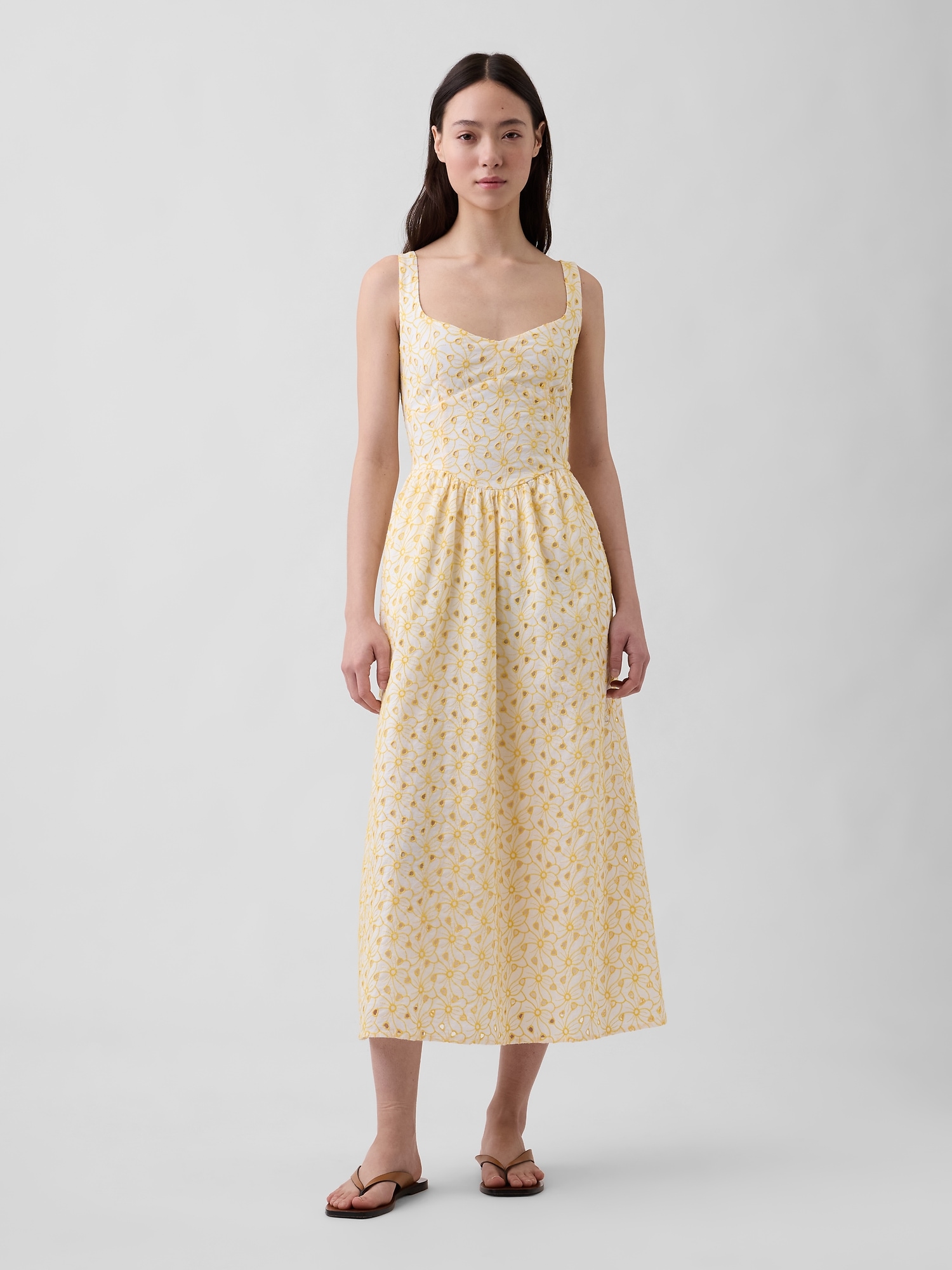 Eyelet Seamed Drop-Waist Maxi Dress