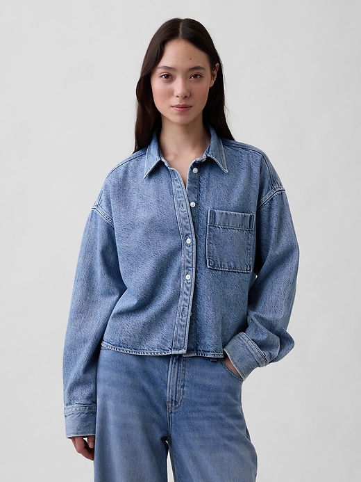 Image number 1 showing, UltraSoft Denim Oversized Straight-Hem Crop Shirt