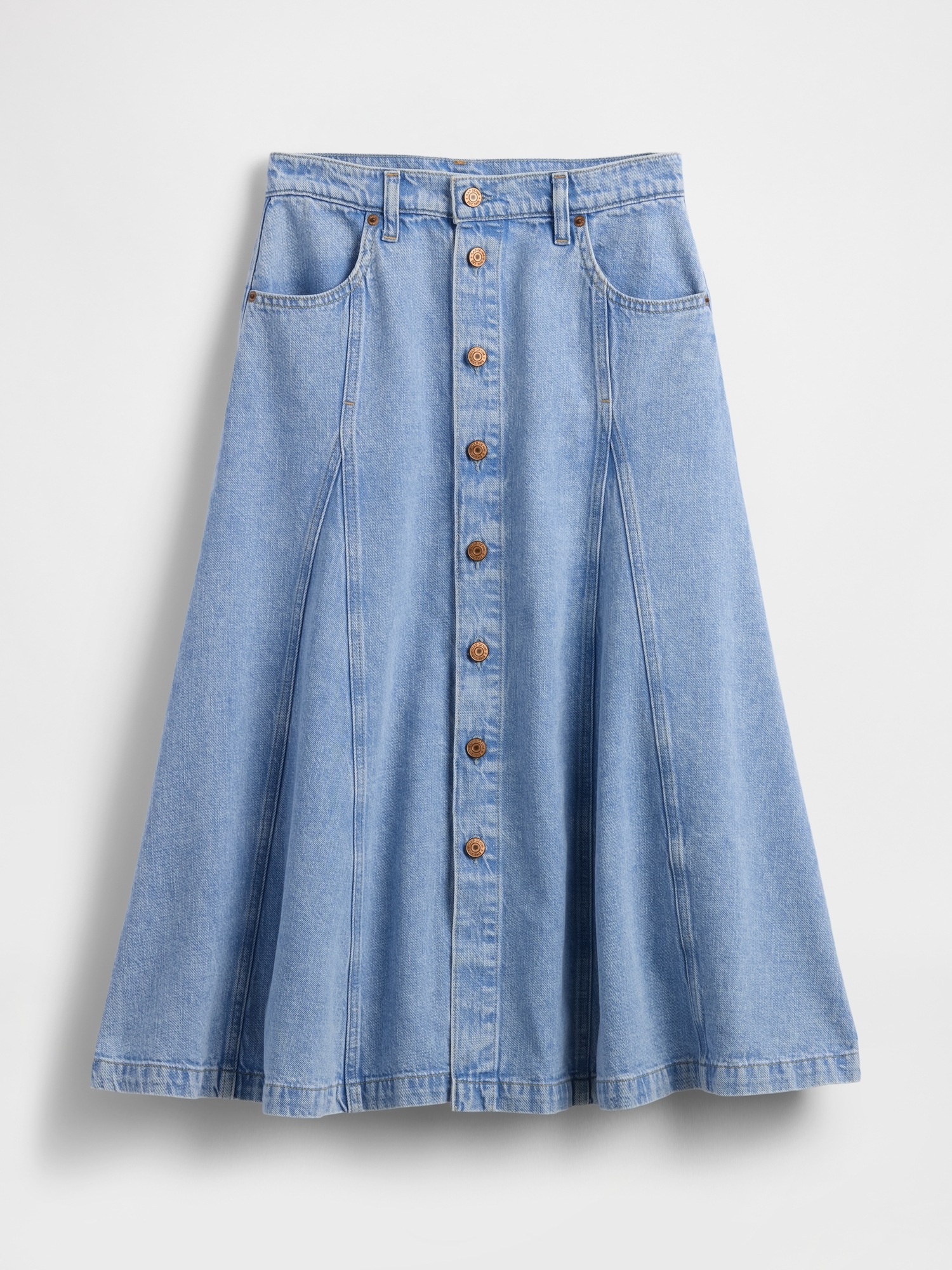 Denim Seamed Button-Front Maxi Skirt