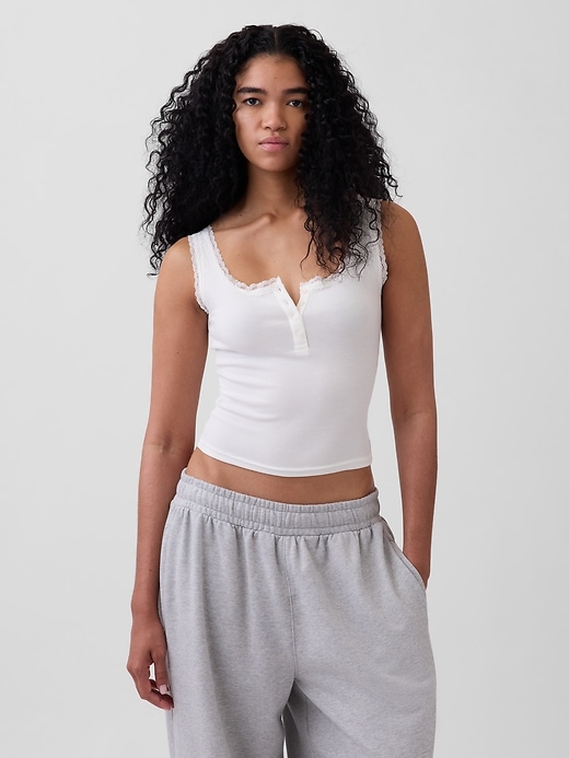 Image number 1 showing, Mini Rib Lace Henley PJ Tank Top
