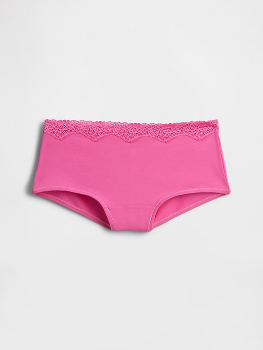 L'image numéro 4 présente Short court en coton biologique extensible avec bordure en dentelle