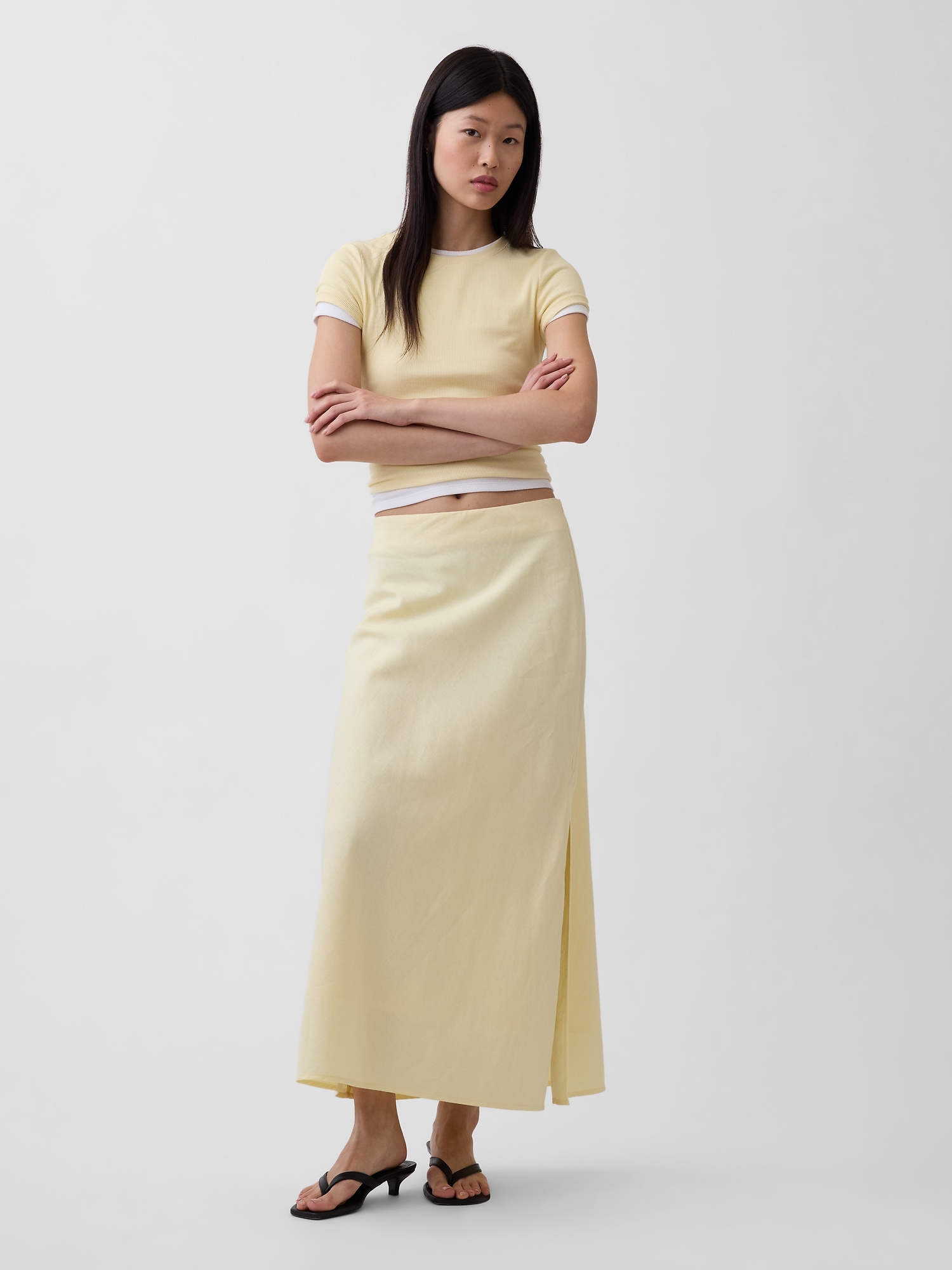 Linen-Blend Maxi Slip Skirt