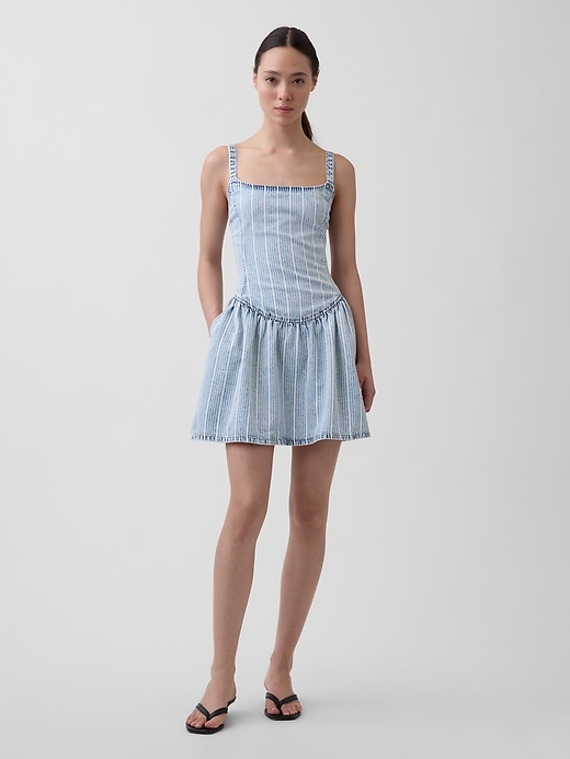 Image number 1 showing, UltraSoft Denim Stripe Drop-Waist Mini Dress