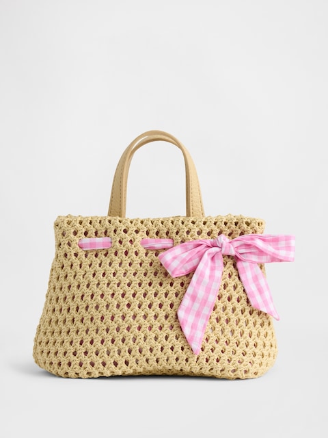 Toddler Gingham Bow Straw Bag