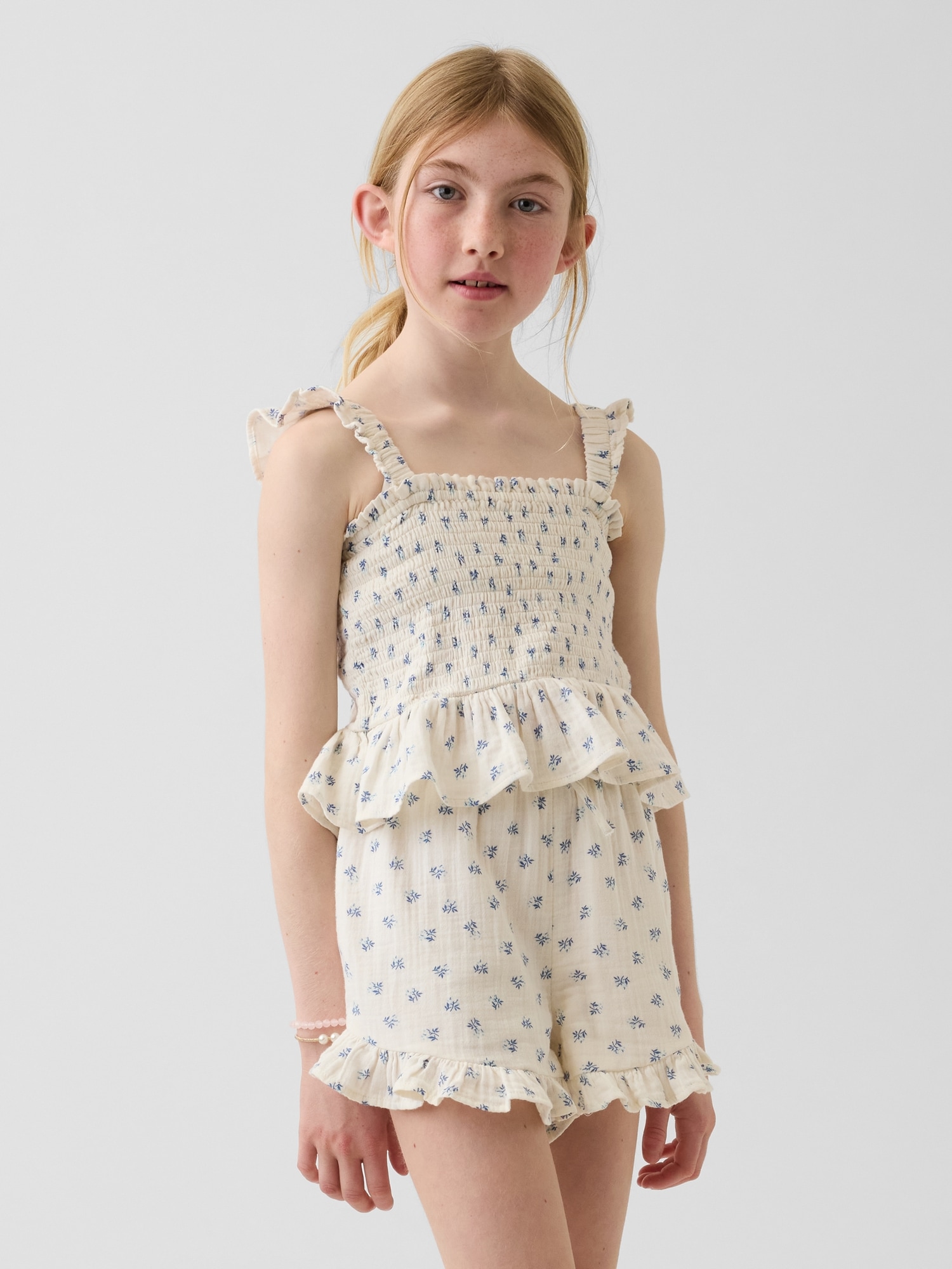 Kids Cotton Gauze Smocked Peplum Top