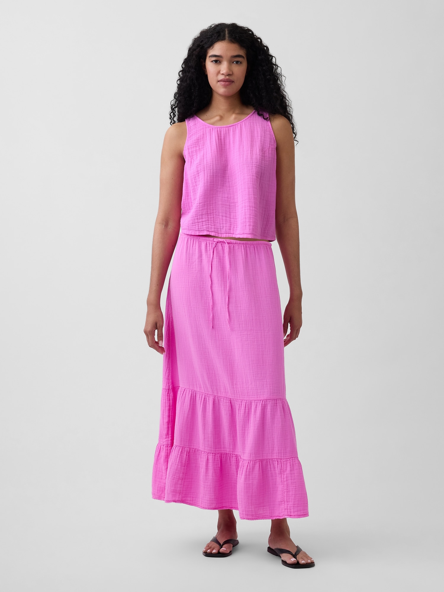 JUPE LONGUE ÉTAGÉE DÉCONTRACTÉE EN GAZE DE COTON À TAILLE HAUTE