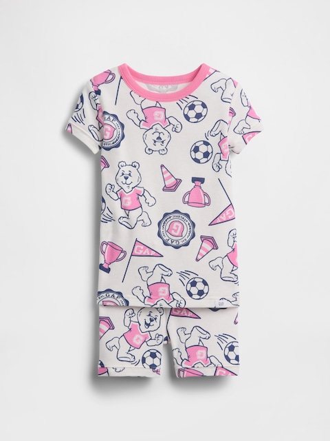 PYJAMA COURT EN COTON BIOLOGIQUE BROSSÉ À LOGO ET OURSON POUR BÉBÉ ET TOUT-PETITE