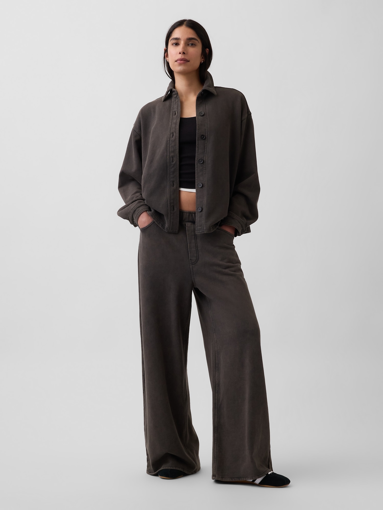 French Terry Oversized Button-Front Shirt