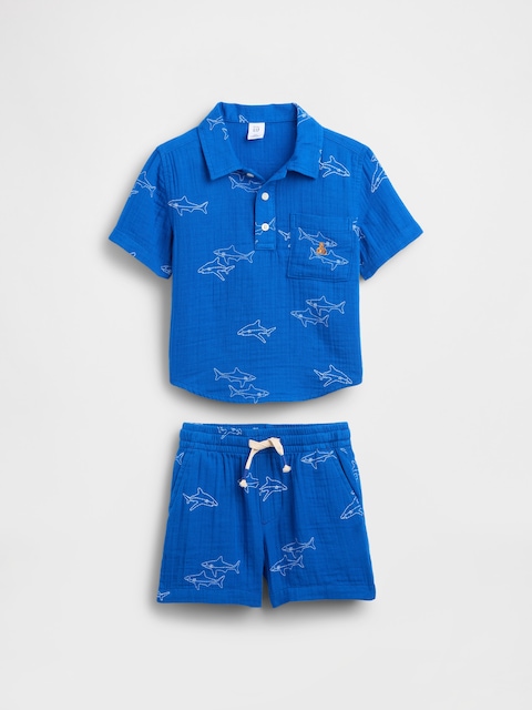 TENUE EN GAZE DE COTON À COL POLO POUR BÉBÉ ET TOUT-PETIT