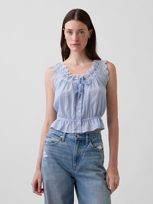 Image number 1 showing, Eyelet Tie-Front Crop Peplum Top