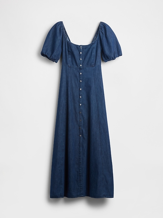 L'image numéro 5 présente Robe longue boutonnée sur le devant en denim à manches bouffantes