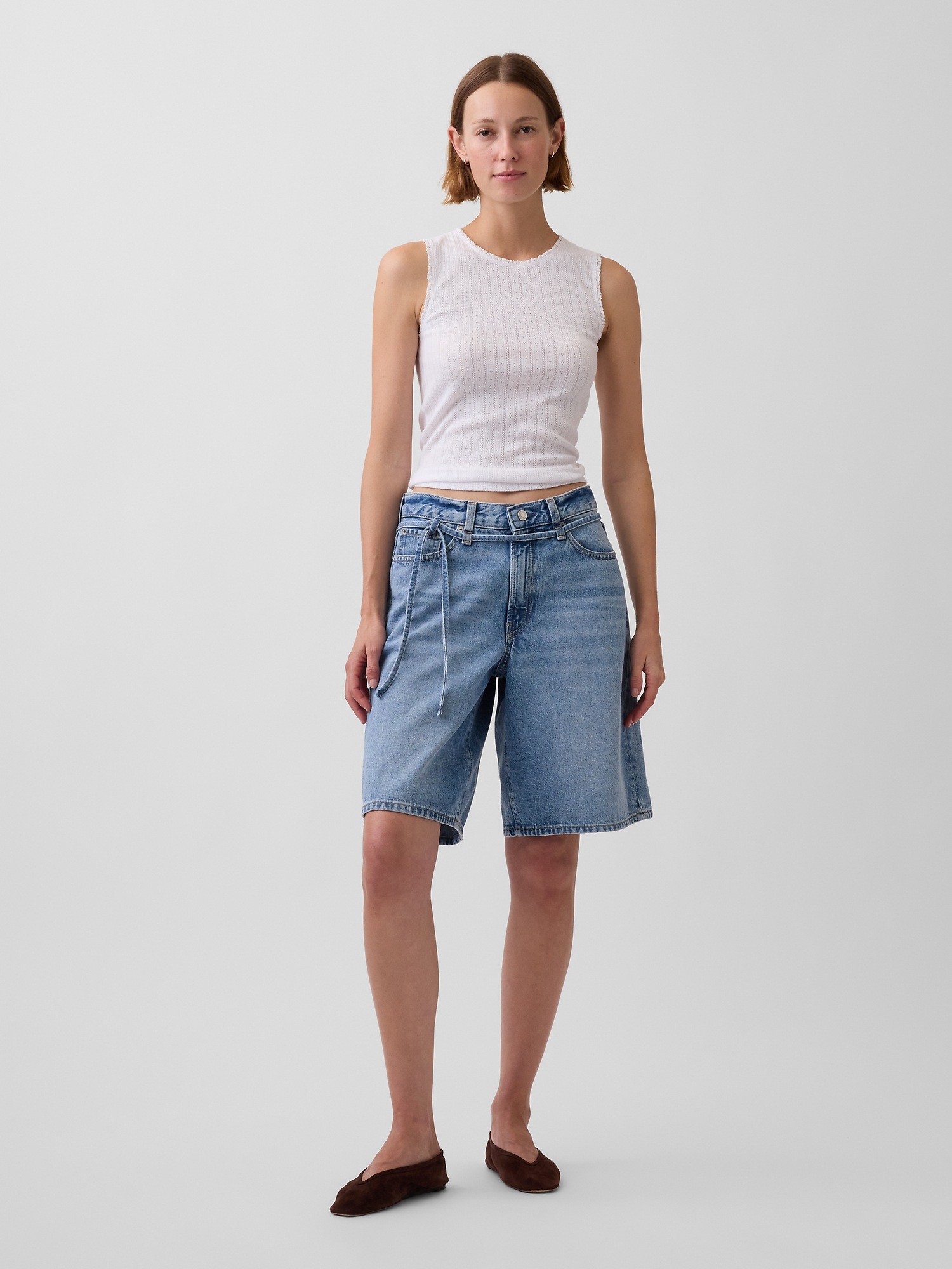 11" Mid Rise Micro Belt Longline Denim Shorts