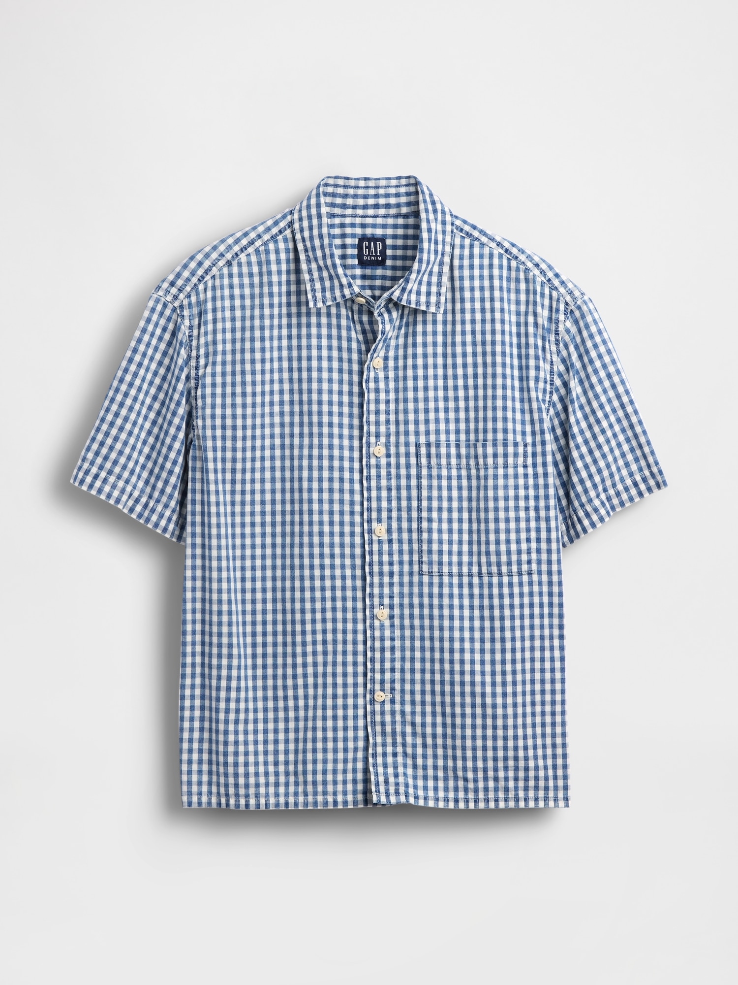Gingham Denim Relaxed Straight-Hem Shirt