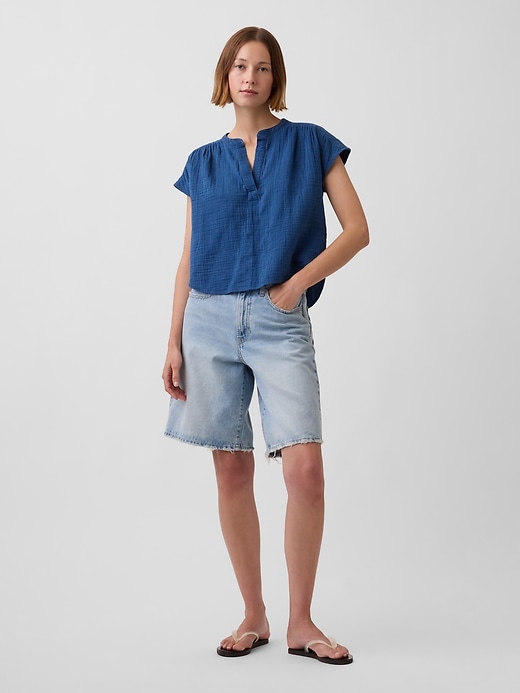 Image number 2 showing, Cotton Gauze Denim Oversized Split-Neck Top