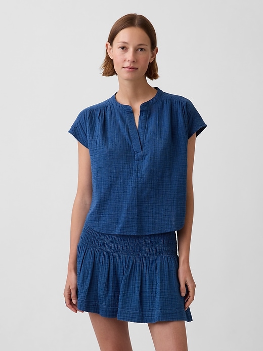 Image number 1 showing, Cotton Gauze Denim Oversized Split-Neck Top