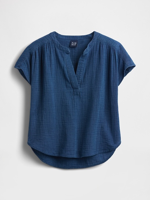 Image number 5 showing, Cotton Gauze Denim Oversized Split-Neck Top
