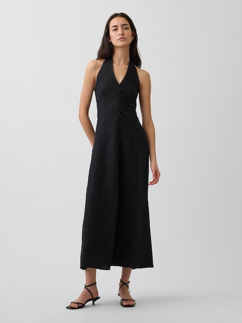 Linen-Blend Halter Maxi Dress
