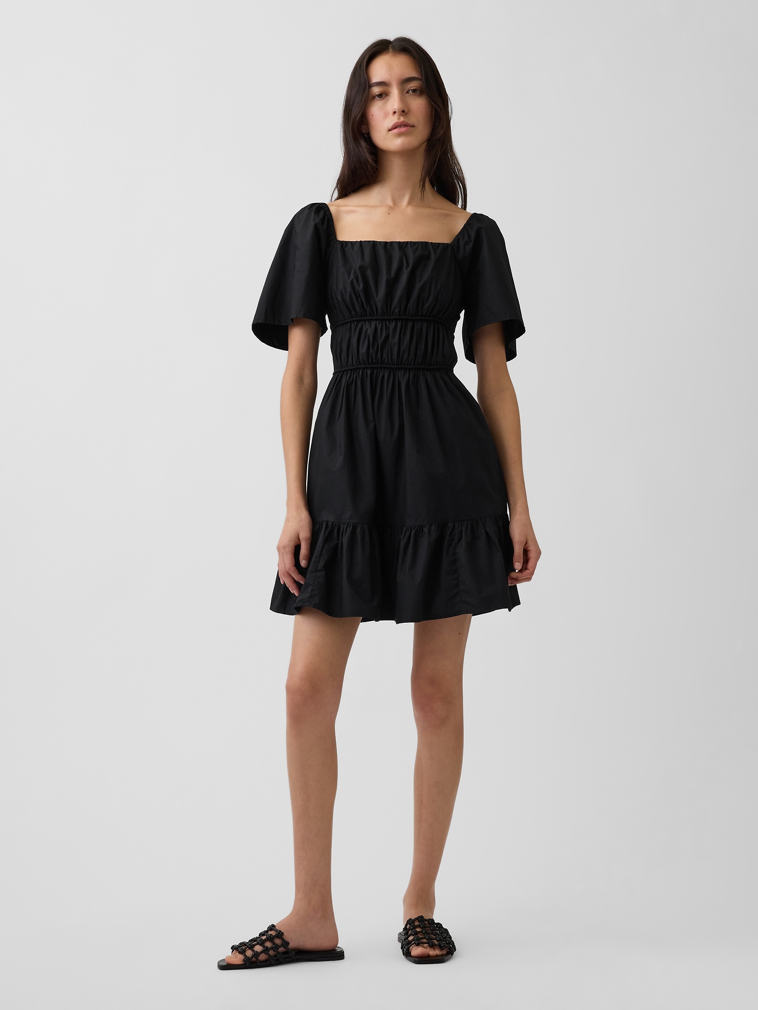 Poplin Flutter-Sleeve Mini Dress