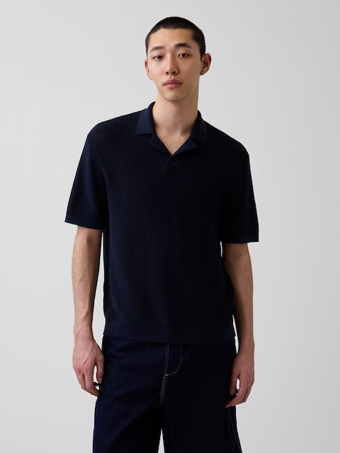 CHEMISE CHANDAIL À COL POLO PLAT OUVERT EN MÉLANGE DE LIN