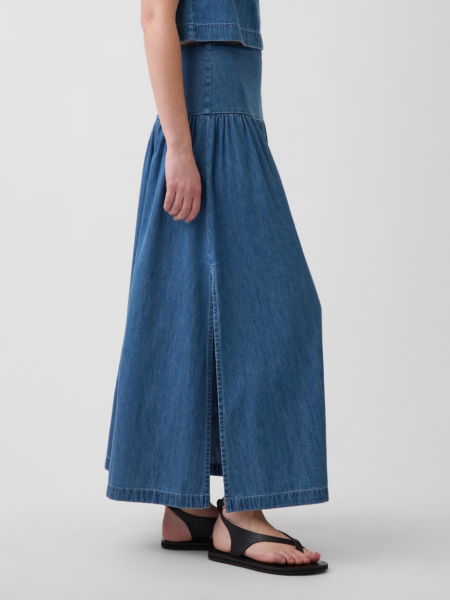 Denim Drop-Waist Maxi Skirt