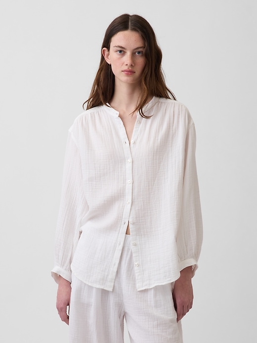 Image number 1 showing, Cotton Gauze Oversized Collarless Shirt