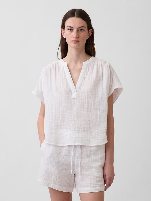 Image number 1 showing, Cotton Gauze Oversized Split-Neck Top