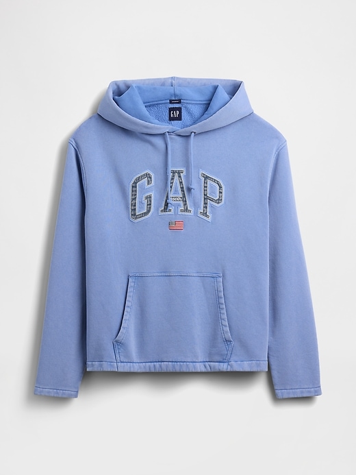 L'image numéro 7 présente Chandail à capuchon surdimensionné VintageDoux bleu, blanc et rouge à logo