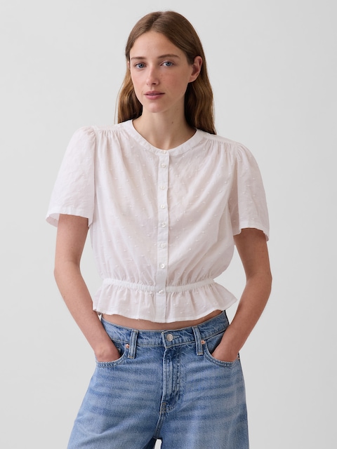 Button-Front Crop Peplum Top