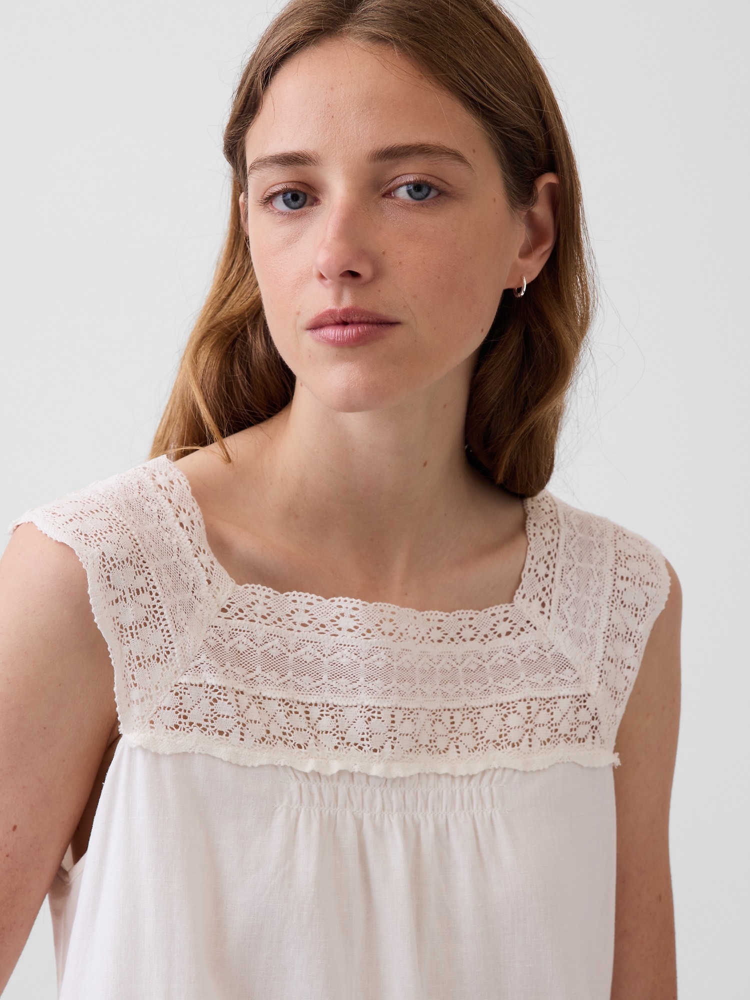 Linen-Blend Crochet Yoke Mini Dress