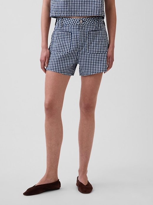 Image number 2 showing, 3.5" High Rise Gingham Relaxed Straight Denim Shorts