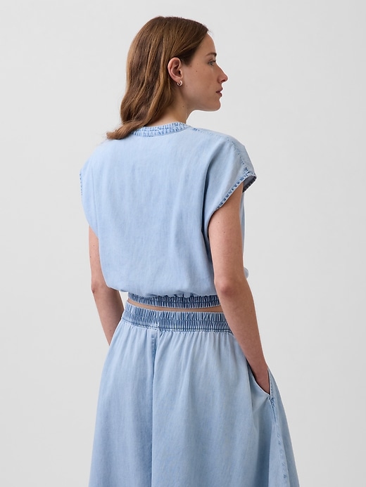 Image number 3 showing, Denim Cap-Sleeve Crop Button-Front Top